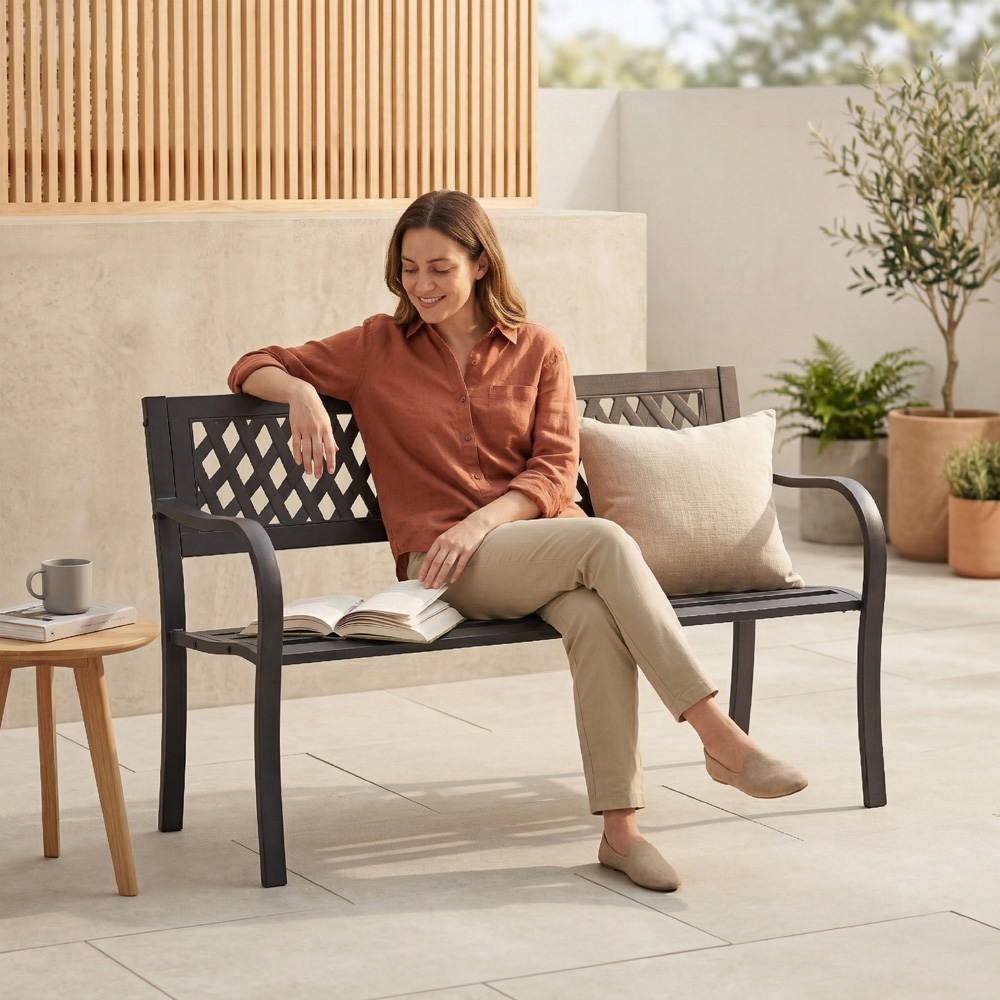 GARDEN VIDA Lattice Style Steel Garden Bench Image 4