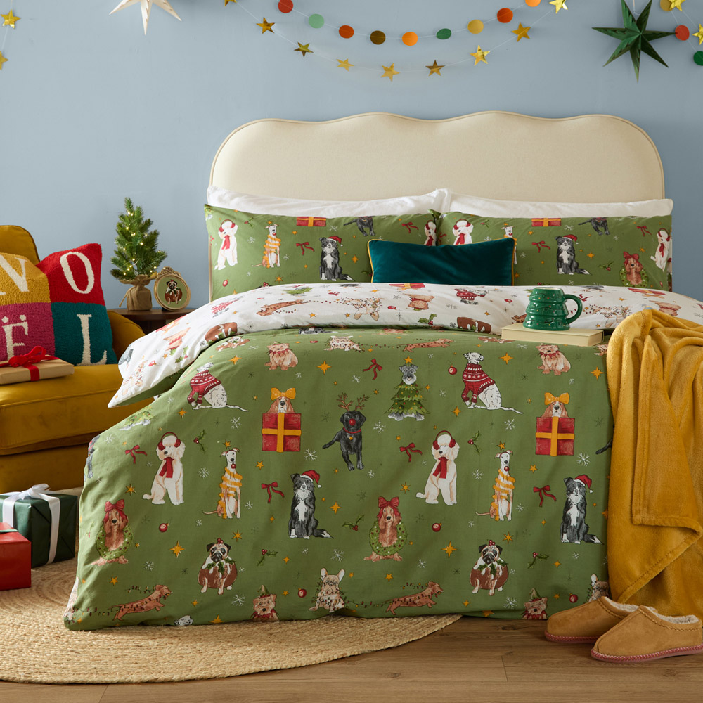 Furn Christmas Pawty Double Green Reversible Duvet Cover Set Image 1
