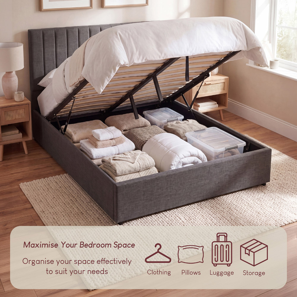VIDA DESIGNS Vellaro Double Dark Grey Linen Fabric Ottoman Bed with Headboard and Mattress Image 6