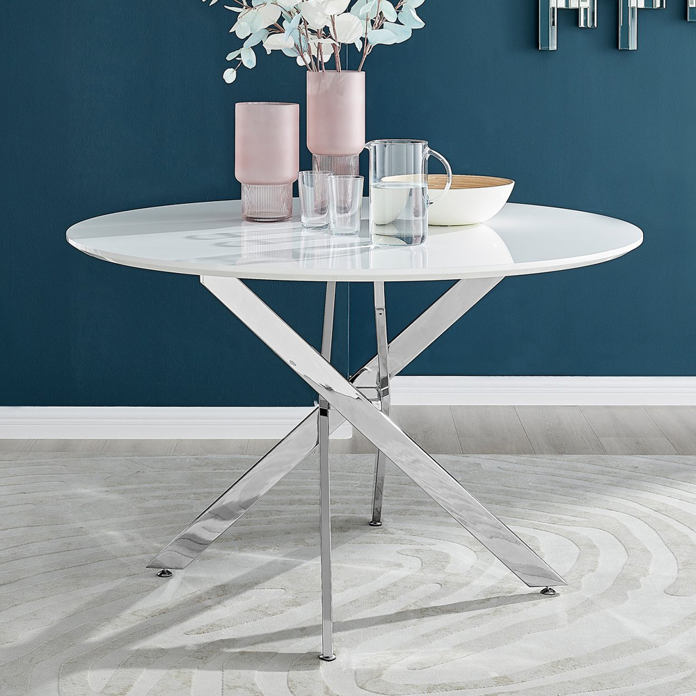 Furniturebox Arona Cesano 6 Seater Round Dining Set White Gloss Chrome and Blue Image 2