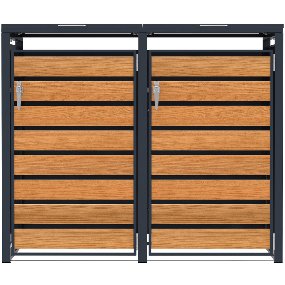 MonsterShop Anthracite and Wood Metal 2 Wheelie Bin Storage Shed Image 1