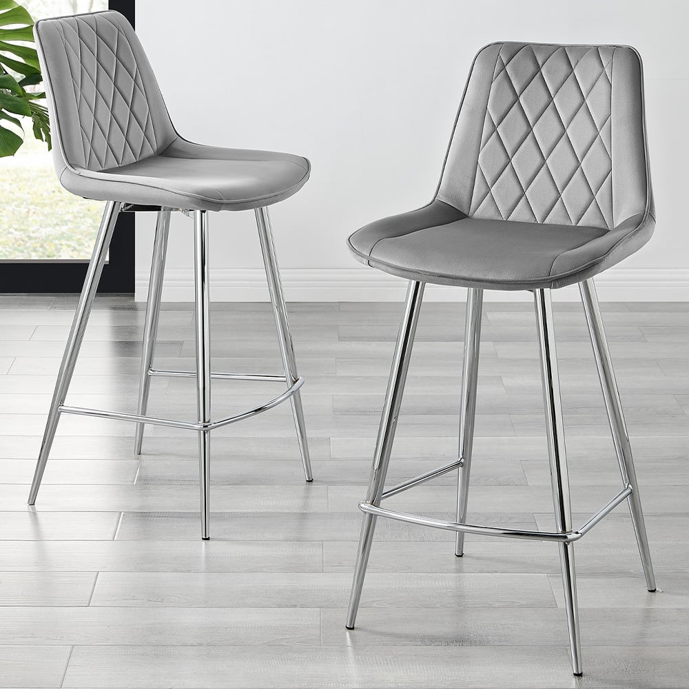 Furniturebox Cesano Grey and Silver Velvet Bar Stool Set of 2 Image 1