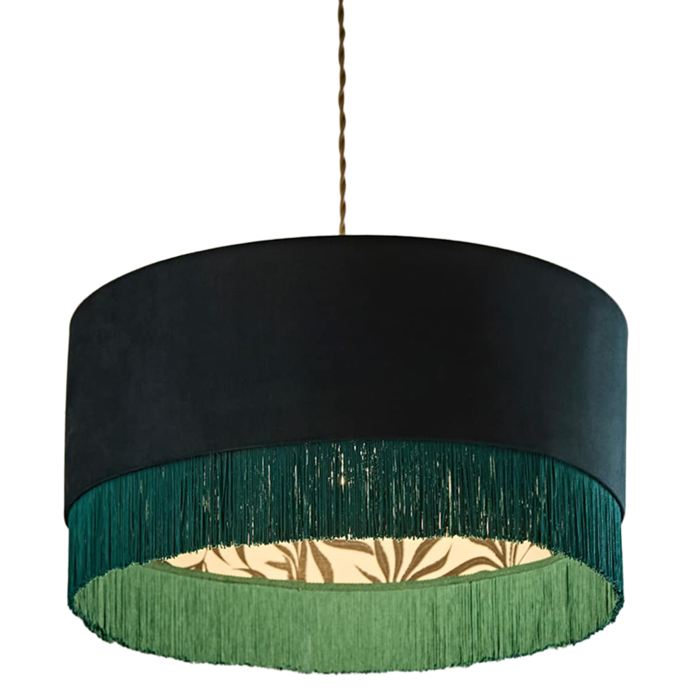 ValueLights Kimberly Green Velvet Printed Inner Fringe Easy Fit Ceiling Lamp Shade 50cm Image 1