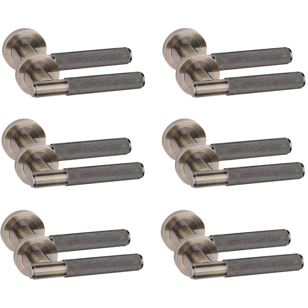 Golden Grace Straight T-Bar Knurled Antique Brass Door Handles 6 Pack Image 1