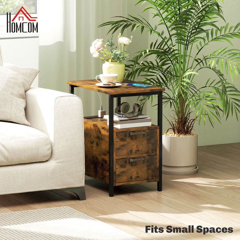HOMCOM 2 Drawer Rustic Brown Bedside Table with Charging Station Image 5