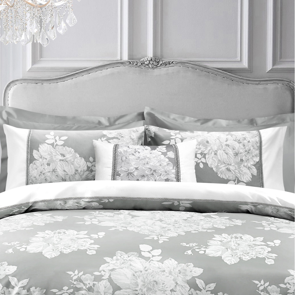 Sweet Dreams Ascot Single Silver Floral Bouquets and Trailing Leaves Woven Jacquard Duvet Cover Set Image 4