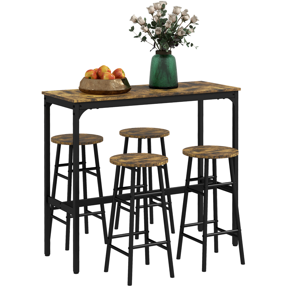 HOMCOM 4 Seater Rustic Brown Industrial Style Bar Table and Stool Set Image 2