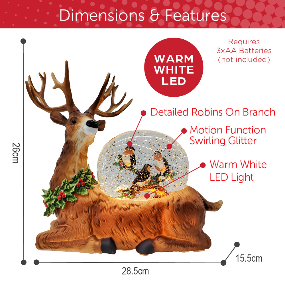 The Christmas Workshop Warm White LED Golden Reindeer and Robin Light Up Snow Globe 26cm Image 9
