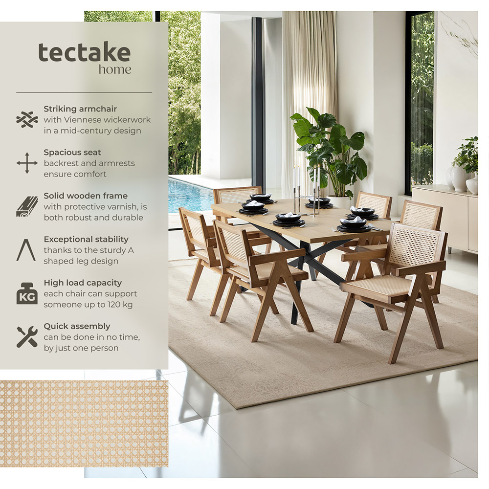 Tectake Lizzy Set of 4 Light Oak Rattan Backrest Dining Chair Image 6