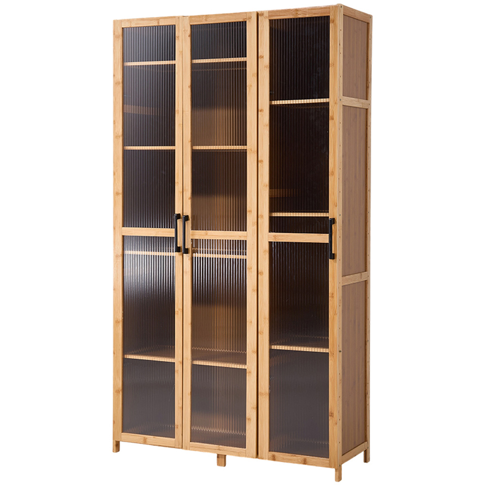 Living and Home 3 Door Brown and Natural Tall Acrylic Storage Cabinet with Adjustable Shelves Image 2