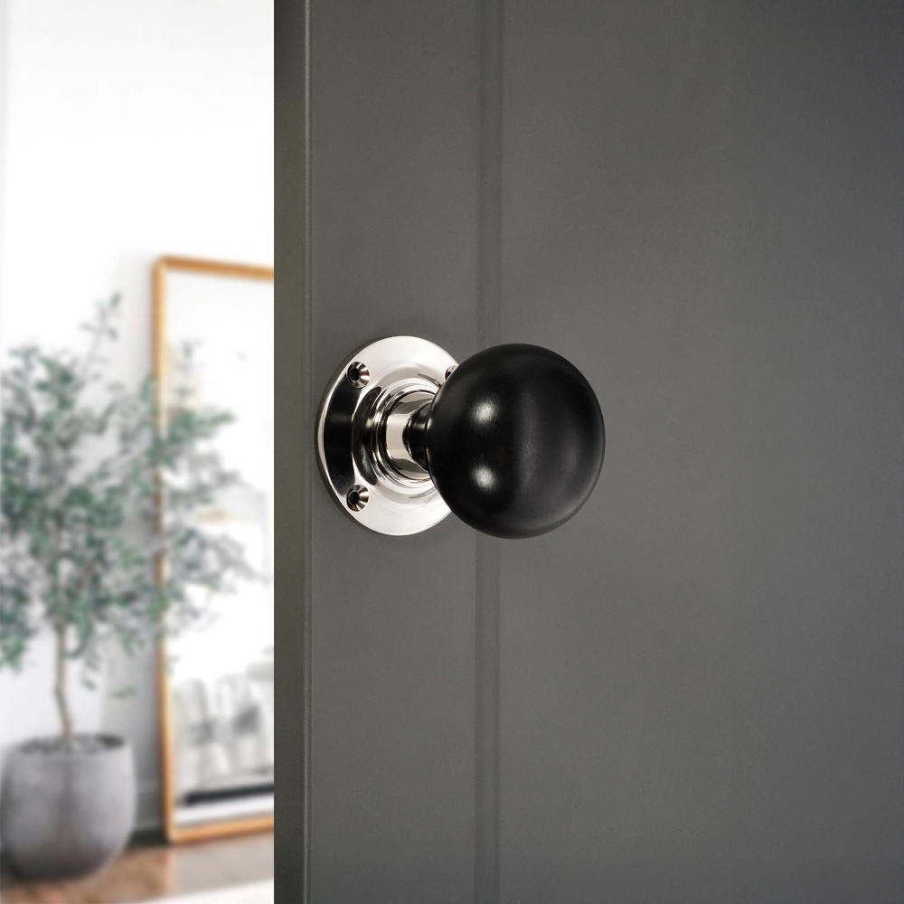 Spira Brass Polished Nickel Ebony Bun Rim and Mortice Door Knob 2 Pack Image 2