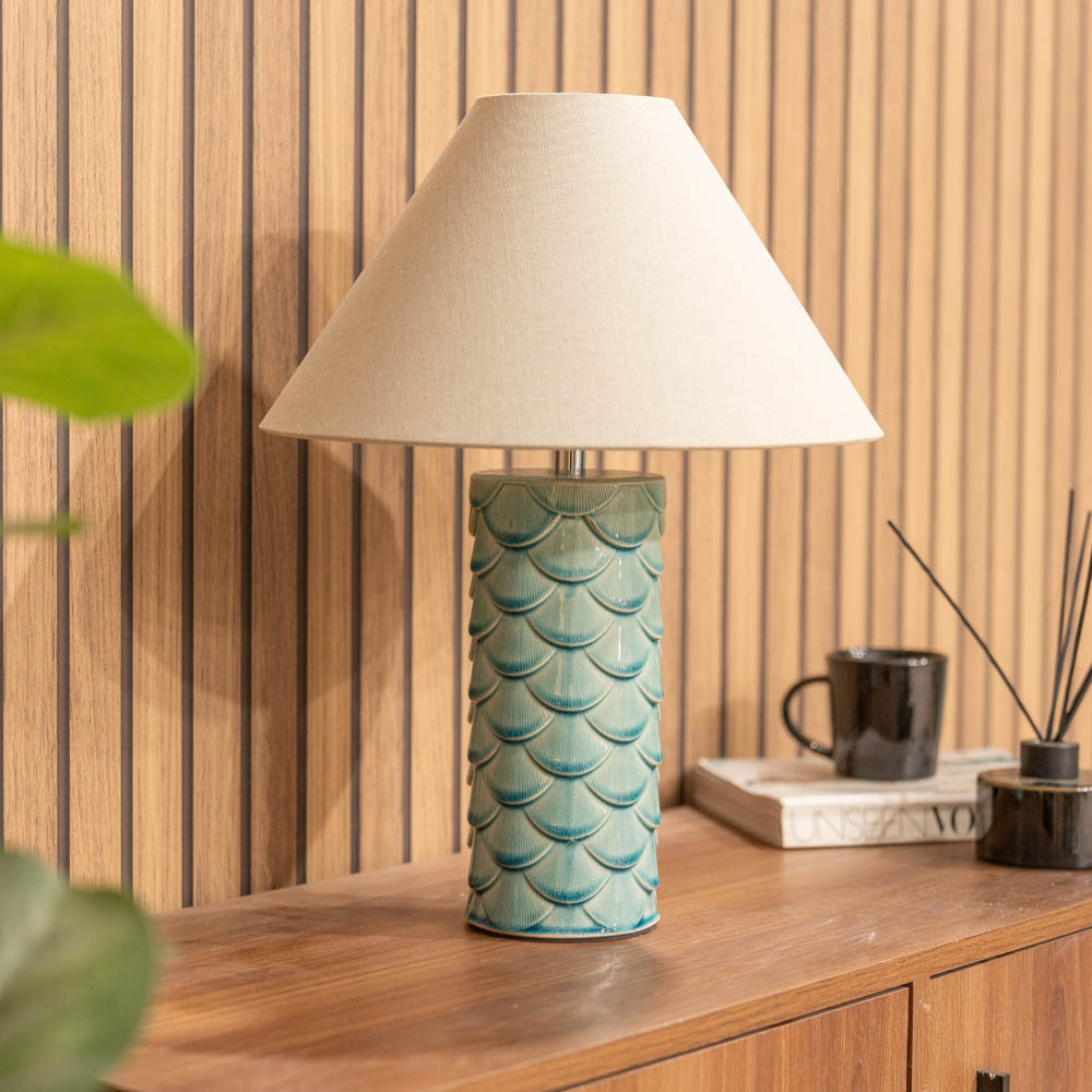 ValueLights Athena Teal and Natural Taper Shell Ceramic LED Table Lamp Image 2