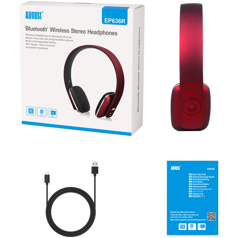 August EP636R Red Wireless Rechargeable On-Ear NFC Bluetooth Headphones with Mic Image 5