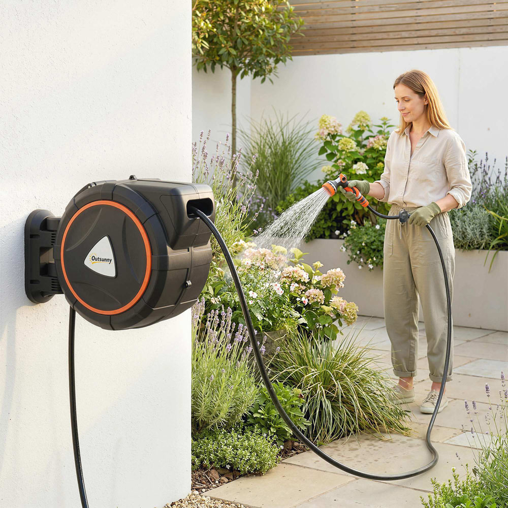 Outsunny 28m Black and Orange Wall-Mounted Retractable Hose Reel with Auto Retraction Image 2