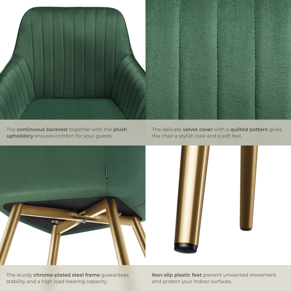tectake Marilyn Set of 2 Dark Green and Gold Quilted Velvet Dining Chair Image 5