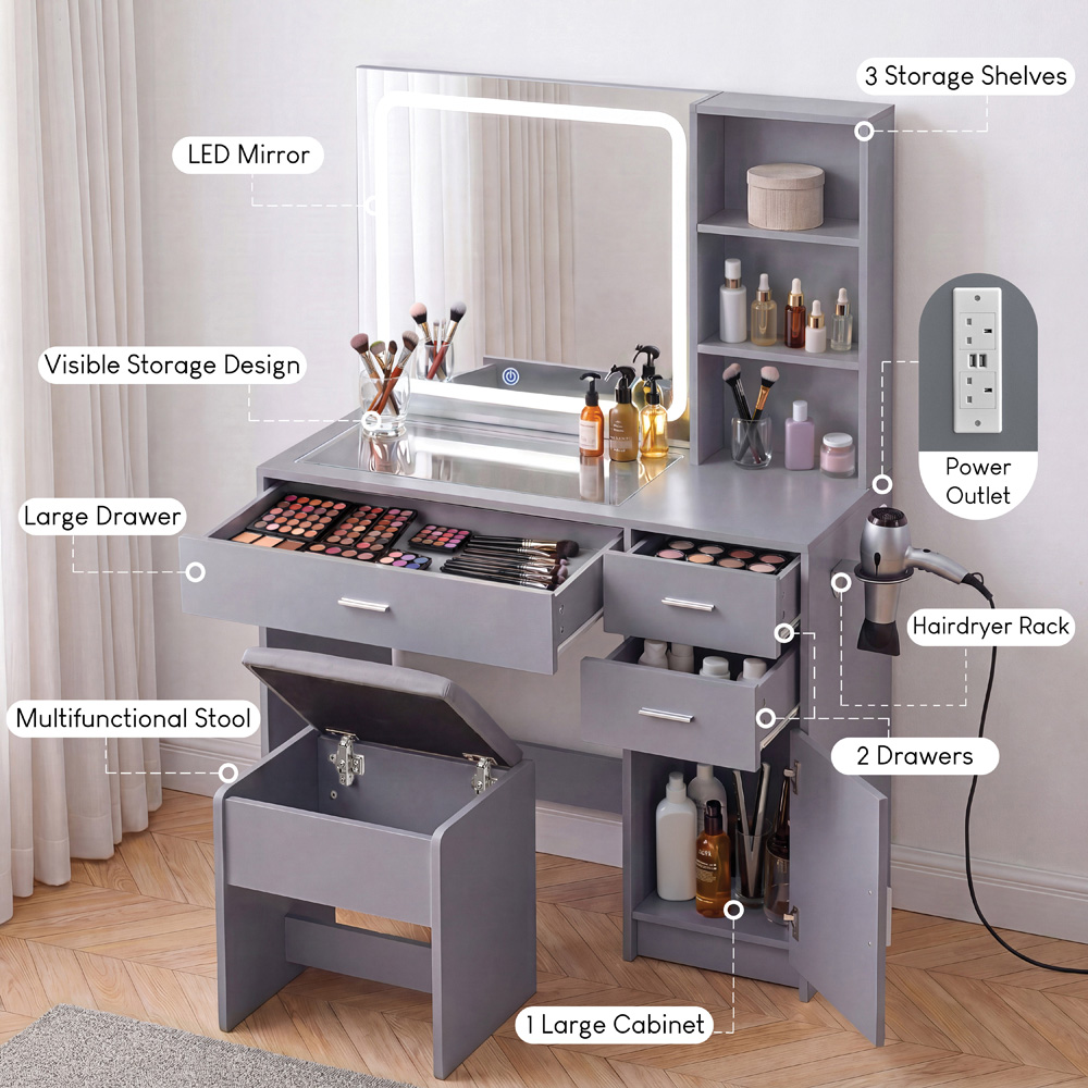 VIDA DESIGNS Clova Single Door 3 Drawer 2 Shelf Grey LED Dressing Table Set with Power Outlet Image 4