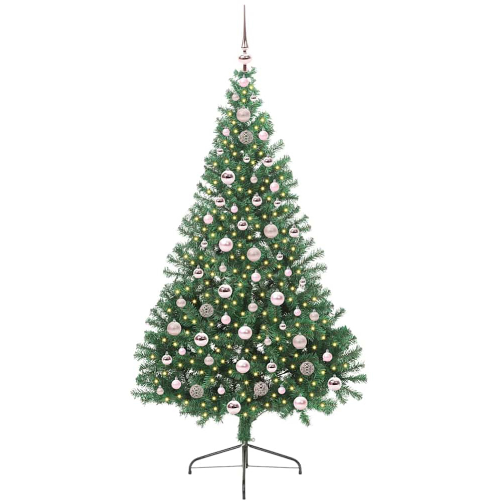 vidaXL Pre-Lit Pink Baubles Green Artificial Christmas Tree 7ft Image 1