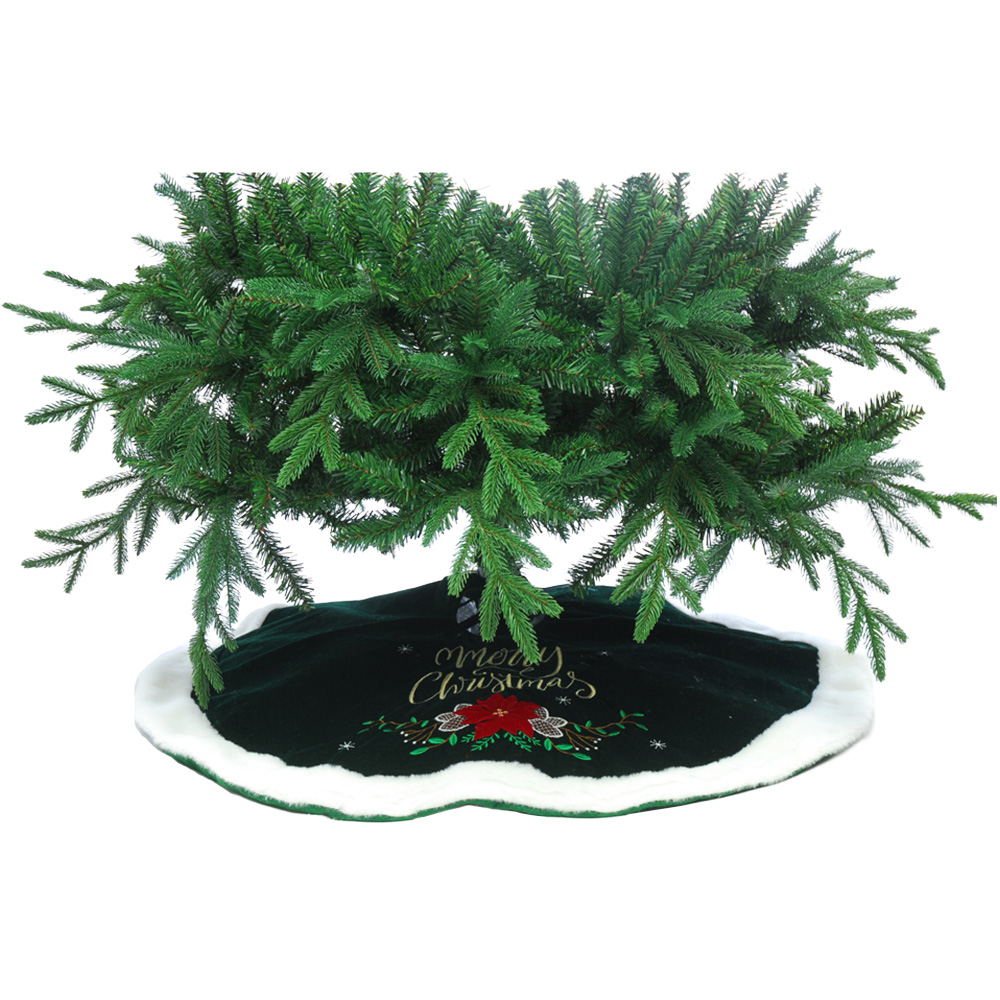 Festive Green Merry Christmas Slogan Tree Skirt with Red Poinsettia Detail 90cm Image