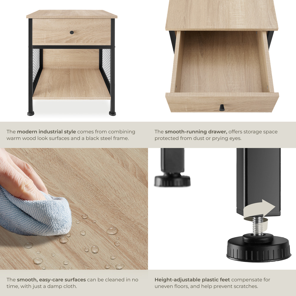 tectake Killarney Single Drawer Light Industrial Wood Bedside Table Image 5