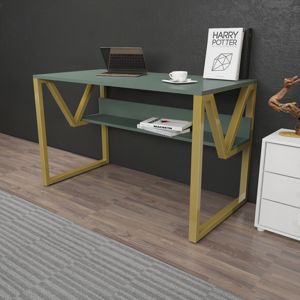 Decorotika Lona Single Shelf Study and Writing Desk Green and Gold Image 4