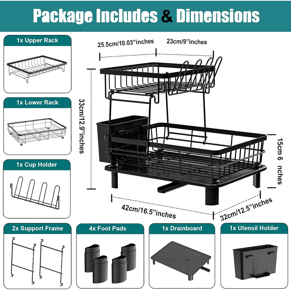 ATEK 2-Tier Black Dish Drying Rack with Drain Tray Image 9