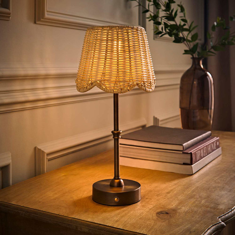 ValueLights Lowe Natural Rattan Tapered Shade Brushed Brass Rechargeable Table Lamp with Bulb Image 2