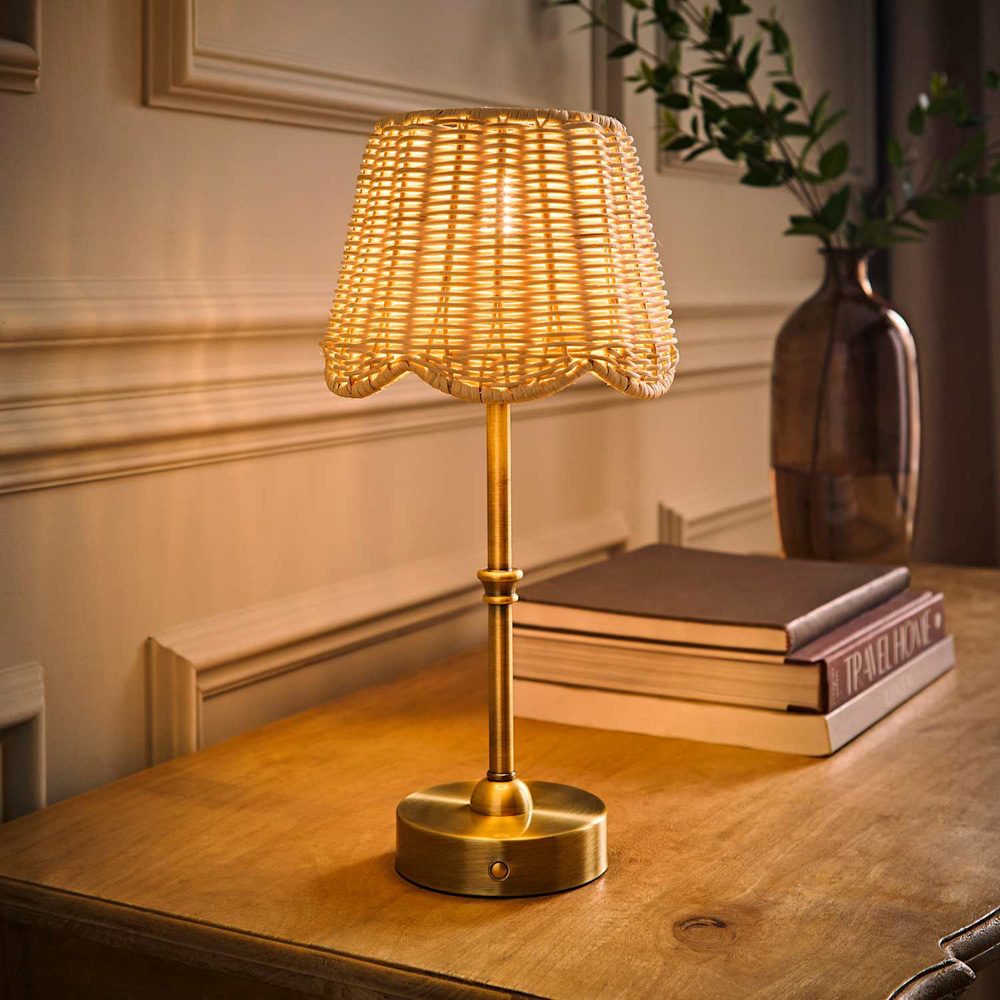 ValueLights Lowe Natural Rattan Taper Shade Brushed Gold Rechargeable Table Lamp with Bulb Image 2