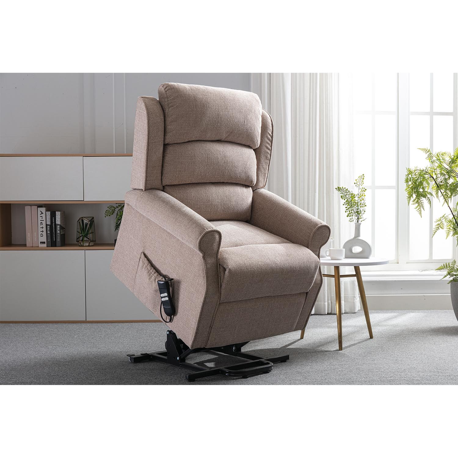 Winslow Neutral Wheat Fabric Rise Recliner Chair Image 4