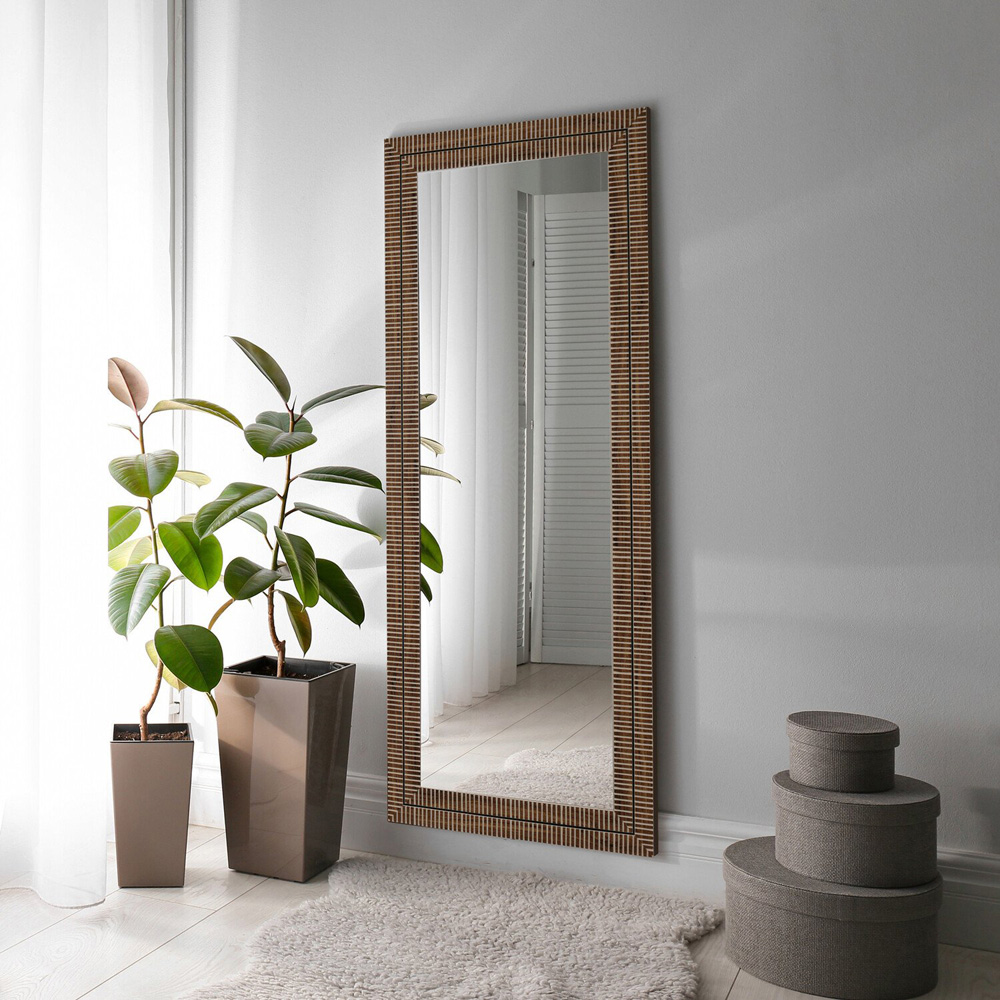 Nyla Wood Effect Striped Mirror - Brown Image 5