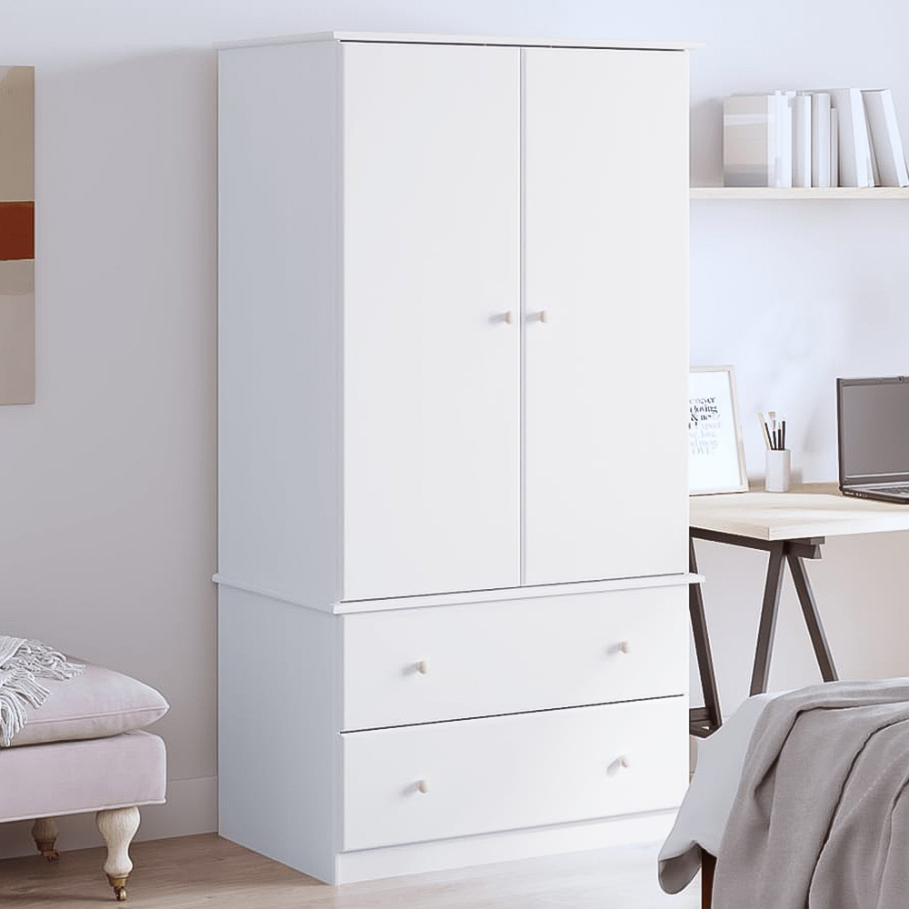 vidaXL Alta 2 Door 2 Drawer White Solid Wood Pine Wardrobe Image 1
