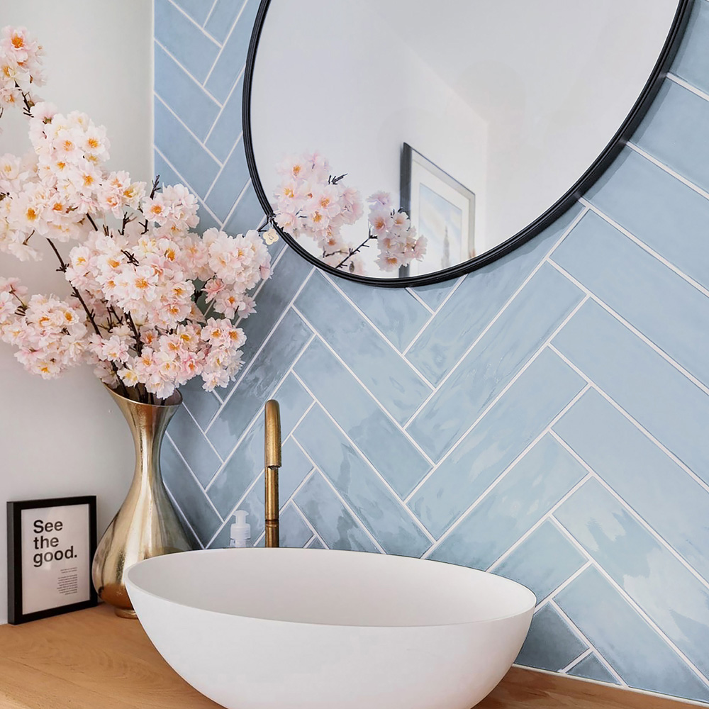 Top Ceramics Light Blue Gloss Flat Bumpy Metro Ceramic Wall Tile 300 x 75mm Image 1