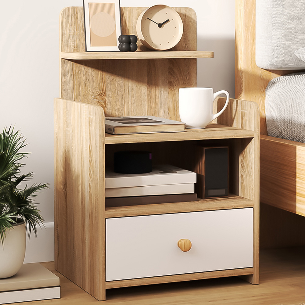 Portland Single Drawer 3 Shelf Natural Wood Effect Bedside Table Image 1