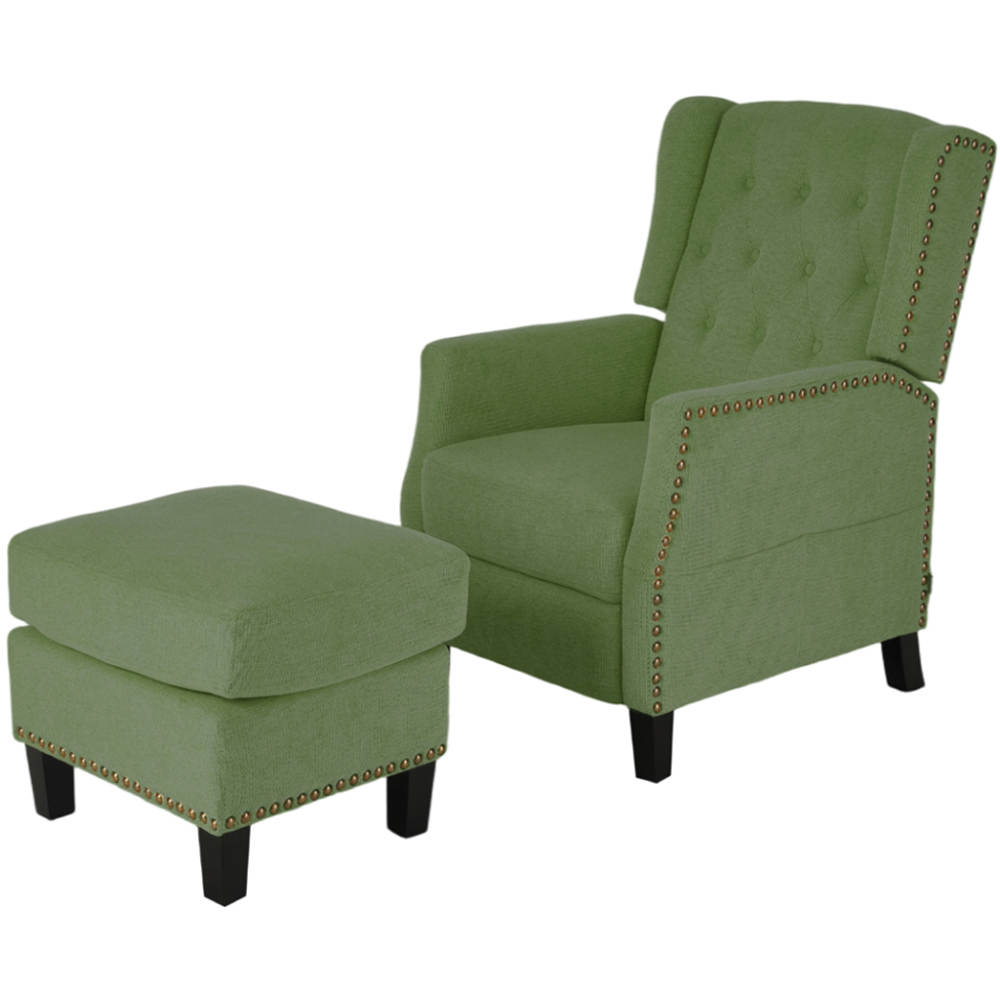 Living and Home Green Chenille Pushback Recliner Chair with Footstool Image 2