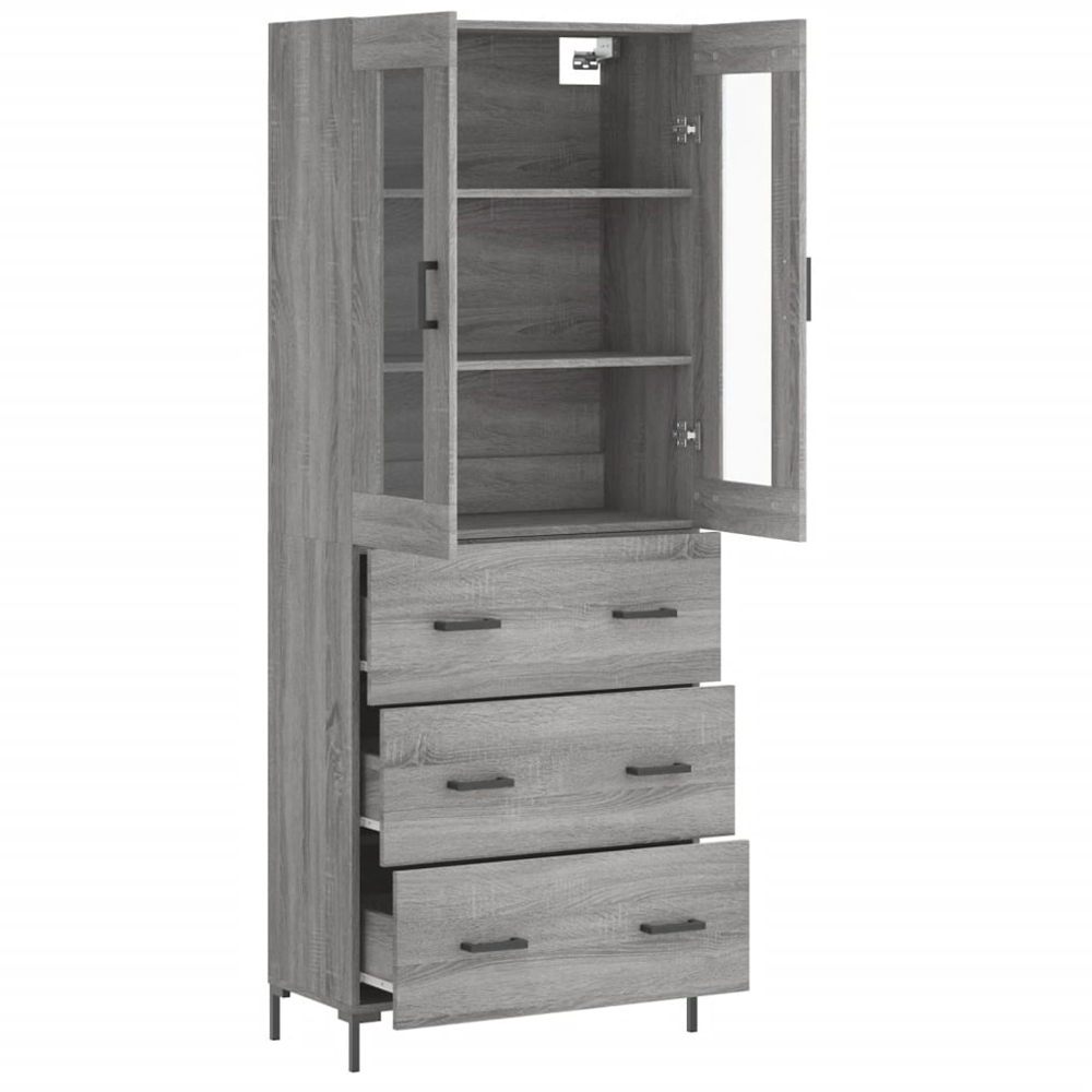 vidaXL 2 Glass Door 3 Drawer Grey Sonoma Highboard with Black Handle Image 4