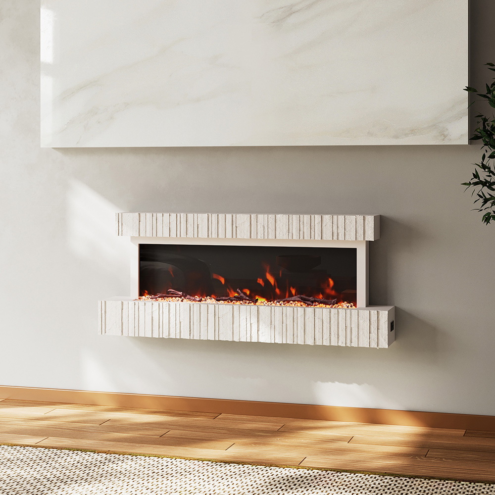 Living and Home White Wall Mounted Electric Fireplace with Resin Fake Firewood Image 6