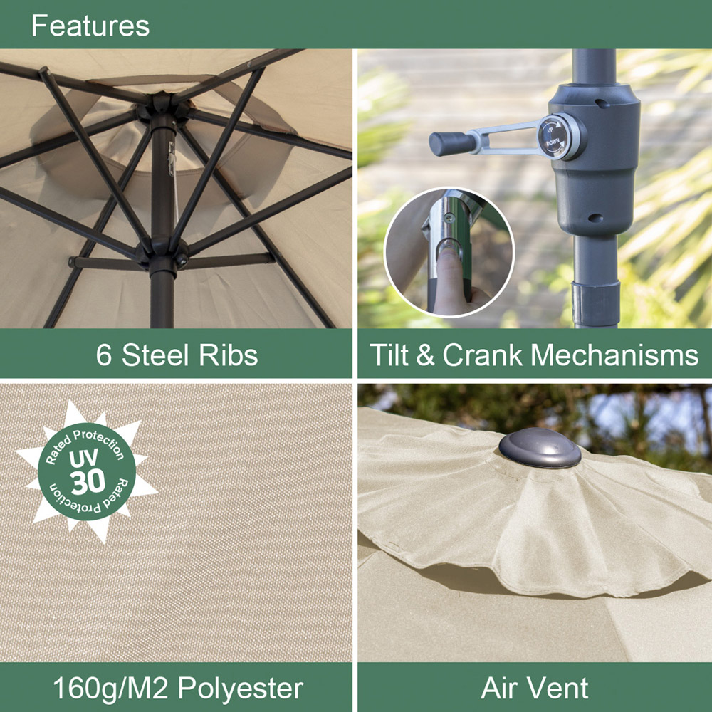 GardenKraft Beige 6 Ribs Crank and Tilt Parasol 2m Image 5