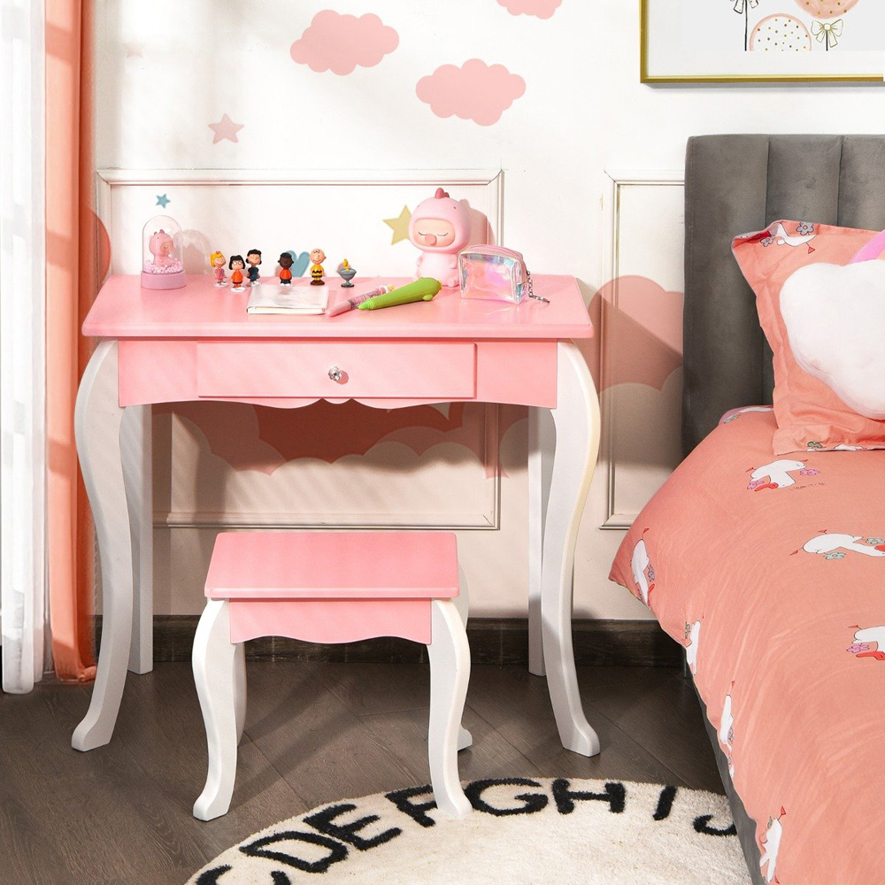 Costway Kids Pink Vanity Table and Chair Set with Rotatable Mirror Image 7
