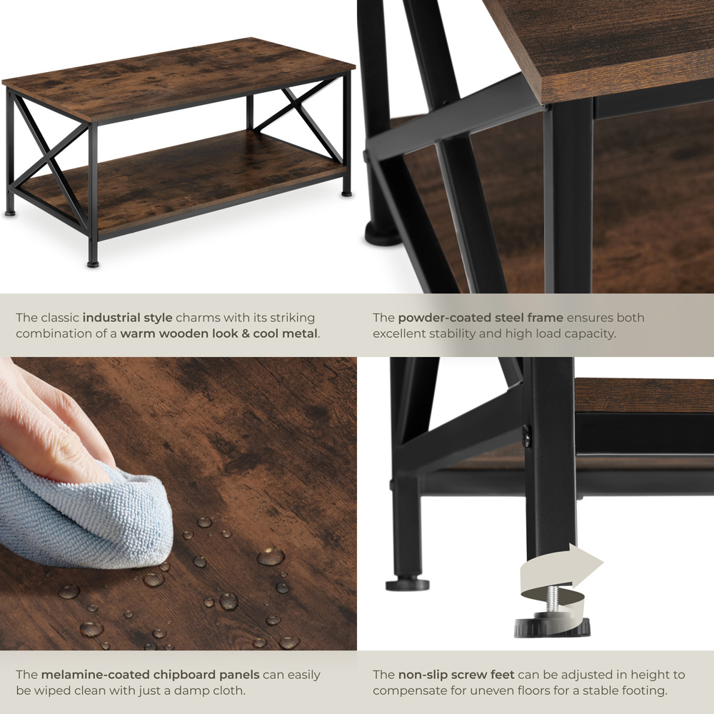 tectake Pittsburgh 2 Shelf Dark Industrial Wood Rustic Coffee Table Image 5