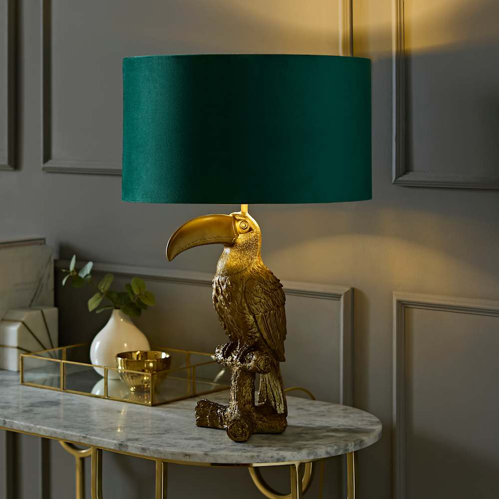 ValueLights Tuki Toucan Gold and Green Velvet Shade Brushed Bronze Table Lamp with Bulb Image 2