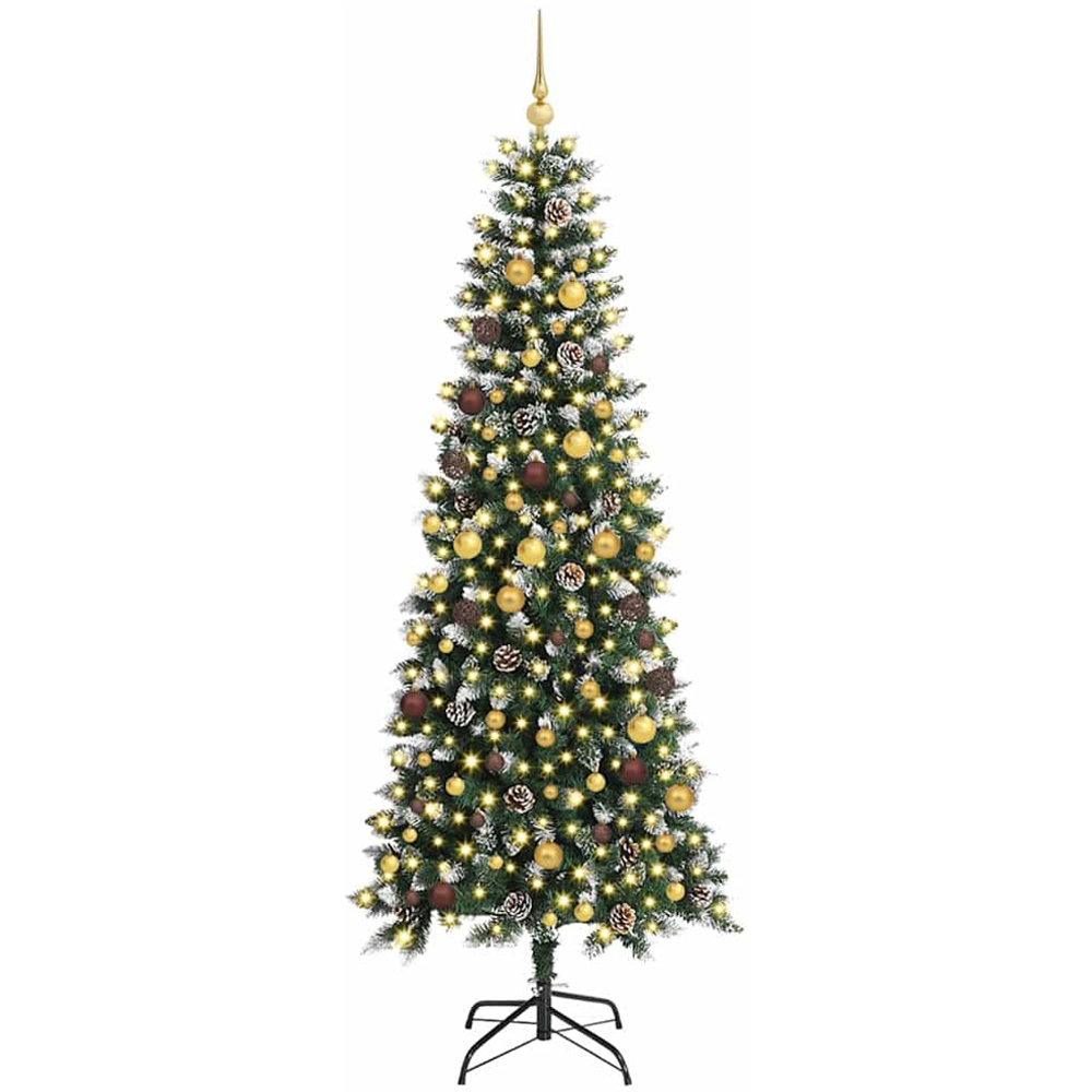 vidaXL Pre-Lit Gold and Bronze Baubles Green Artificial Snow Tipped Christmas Tree 8ft Image 1