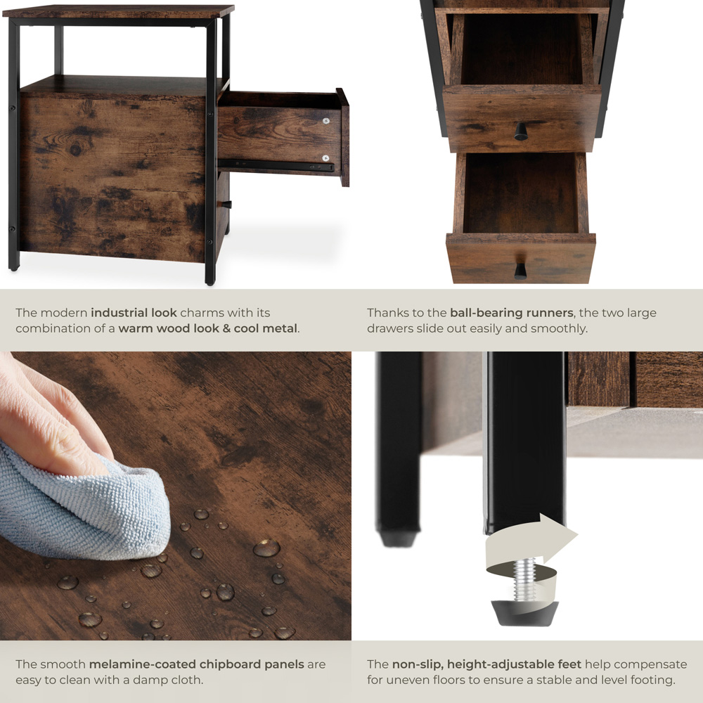 tectake Tullamore 2 Drawer Dark Industrial Wood Rustic Bedside Table Image 5