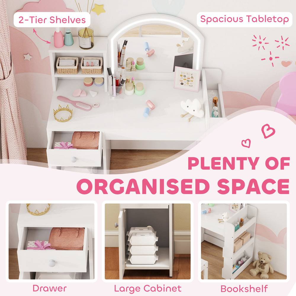 AIYAPLAY 2 Piece White LED Mirror Kids Dressing Table and Stool Set Image 6