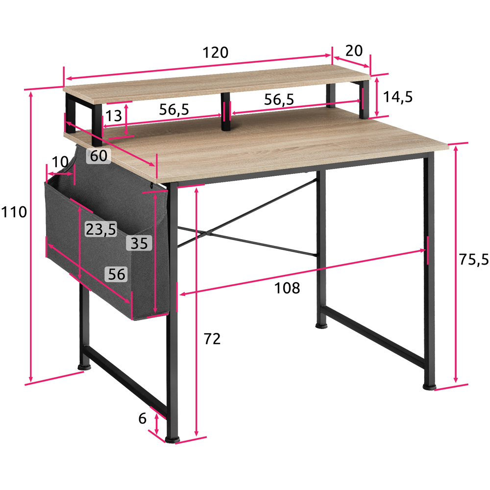 tectake Single Shelf Light Oak Sonoma Wooden Desk with Fabric Bag Image 9