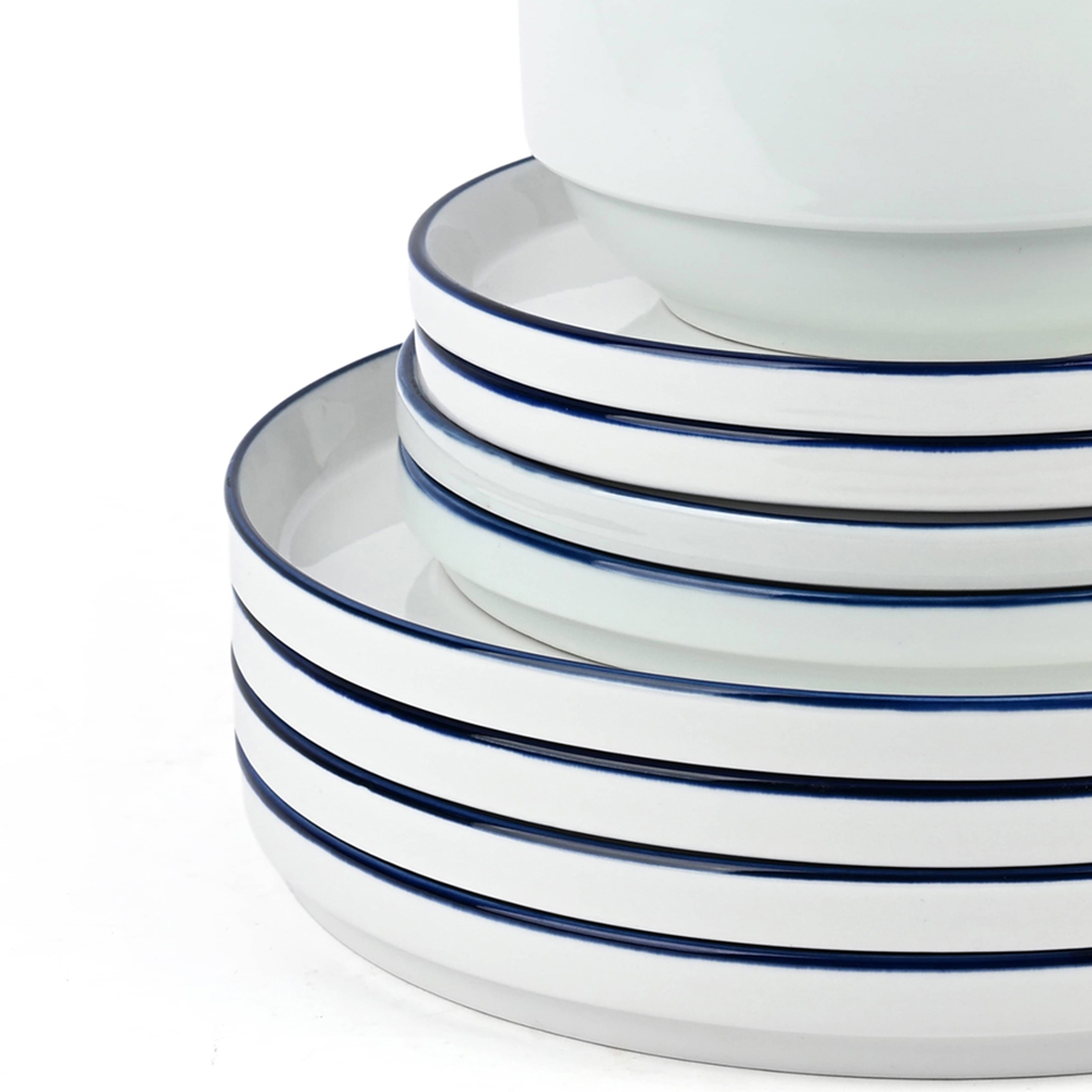 Waterside Blue Rim White Stackable 12 Piece Dinner Set Image 4