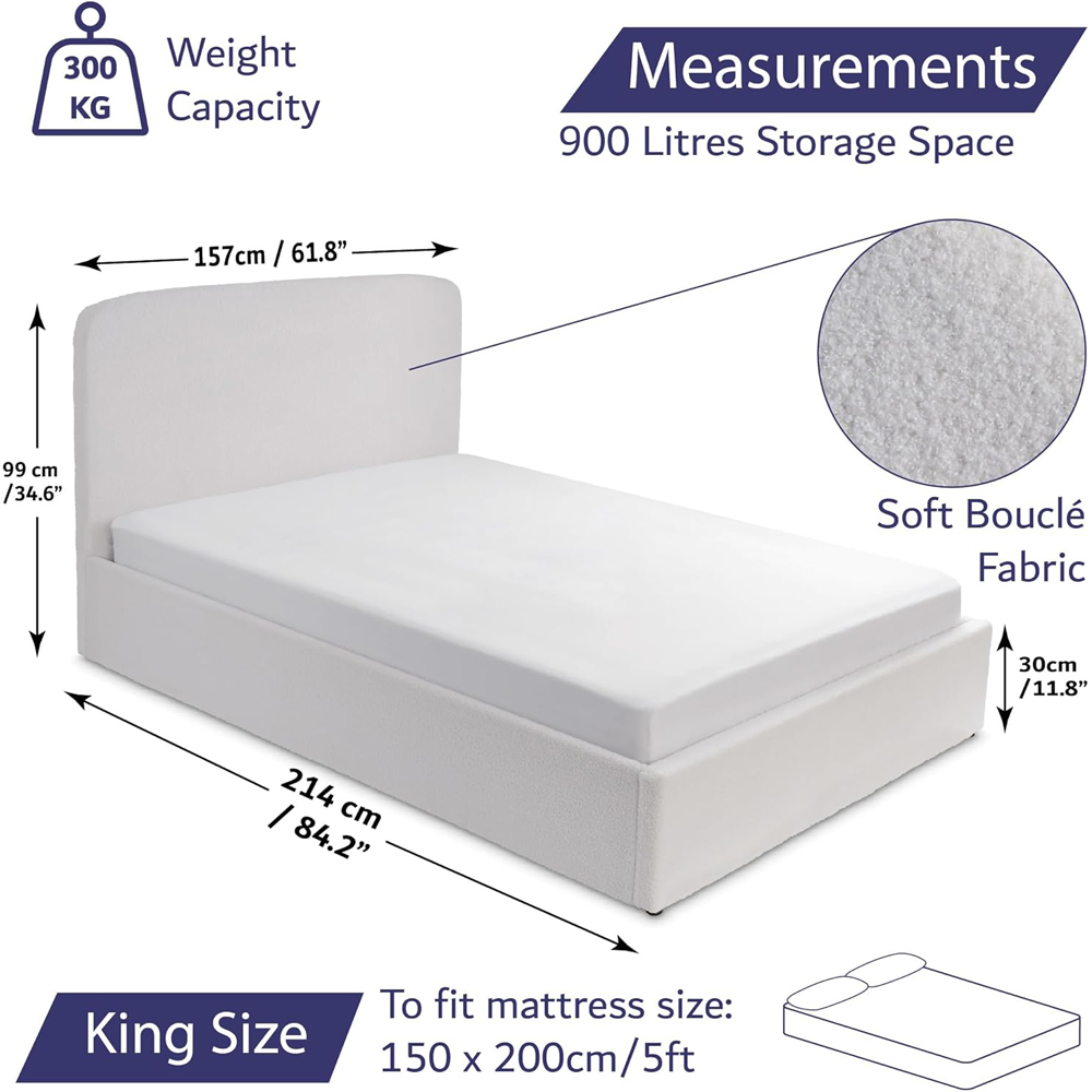 Home Treats King Size Boucle and White Plush Ottoman Storage Bed with Mattress Image 9