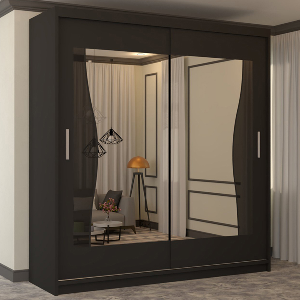 M N Furniture Banton 2 Door Black Curved Mirrored Sliding Wardrobe 203cm Image 1