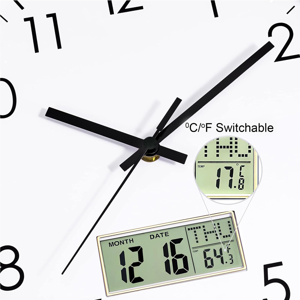 ATEK Black Silent Digital Wall Clock with Date Day and Temperature Display 30cm Image 3