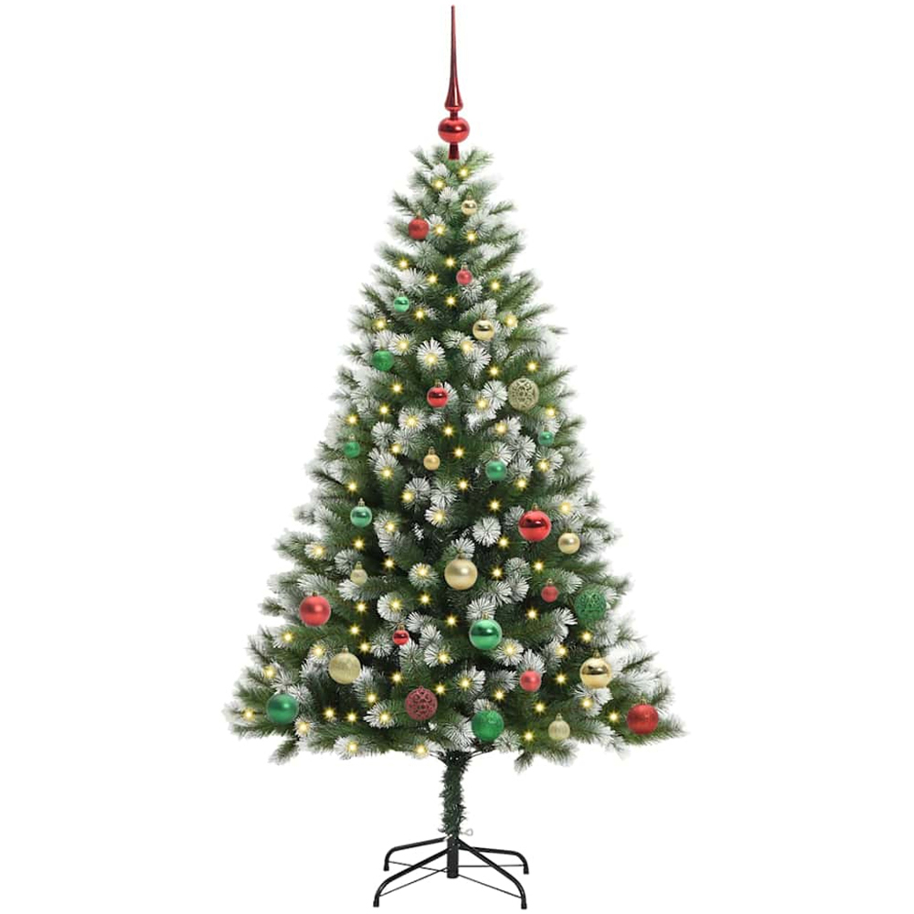 vidaXL Pre-Lit Multicolour Baubles Green Artificial Snow Tipped Hinged Christmas Tree 5ft Image 1