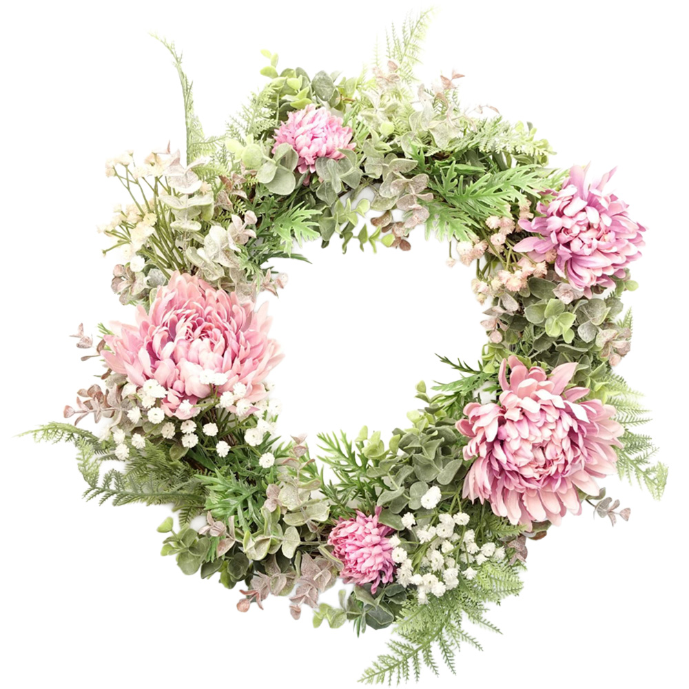 Leaf Pink Floral Blossom Artificial Wreath 45cm Image 1