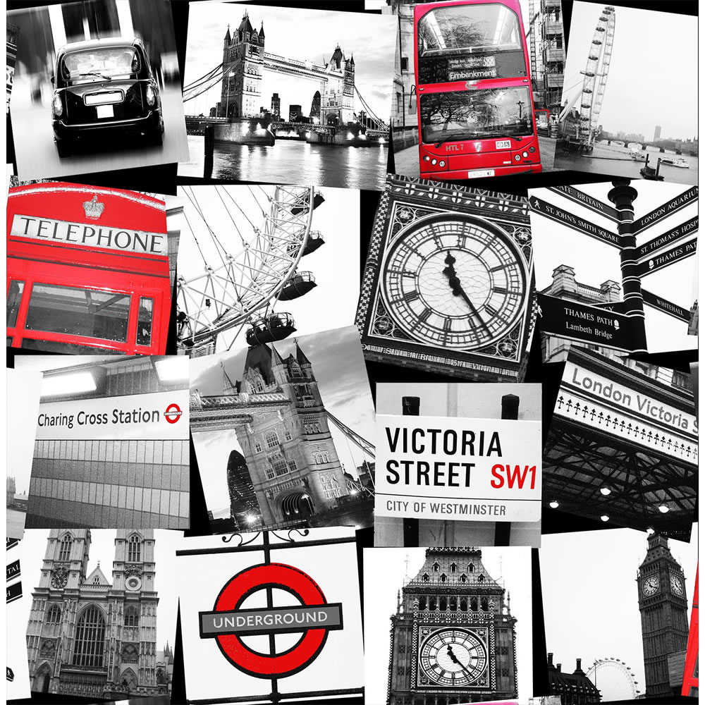 Fresco London Montage Black and Red Wallpaper Image 1